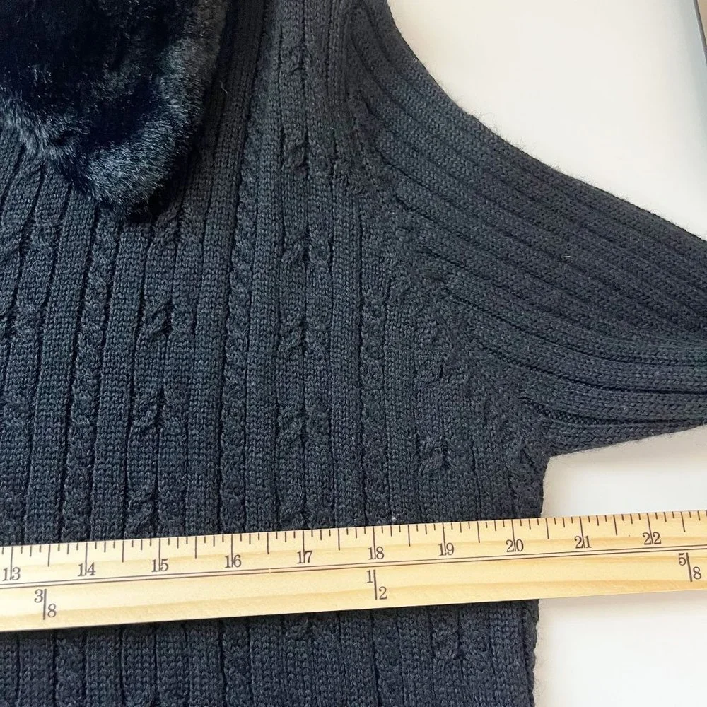 Vintage Black Cable Knit Fur Collar Button Front Cardigan Sweater Y2K - Size LP